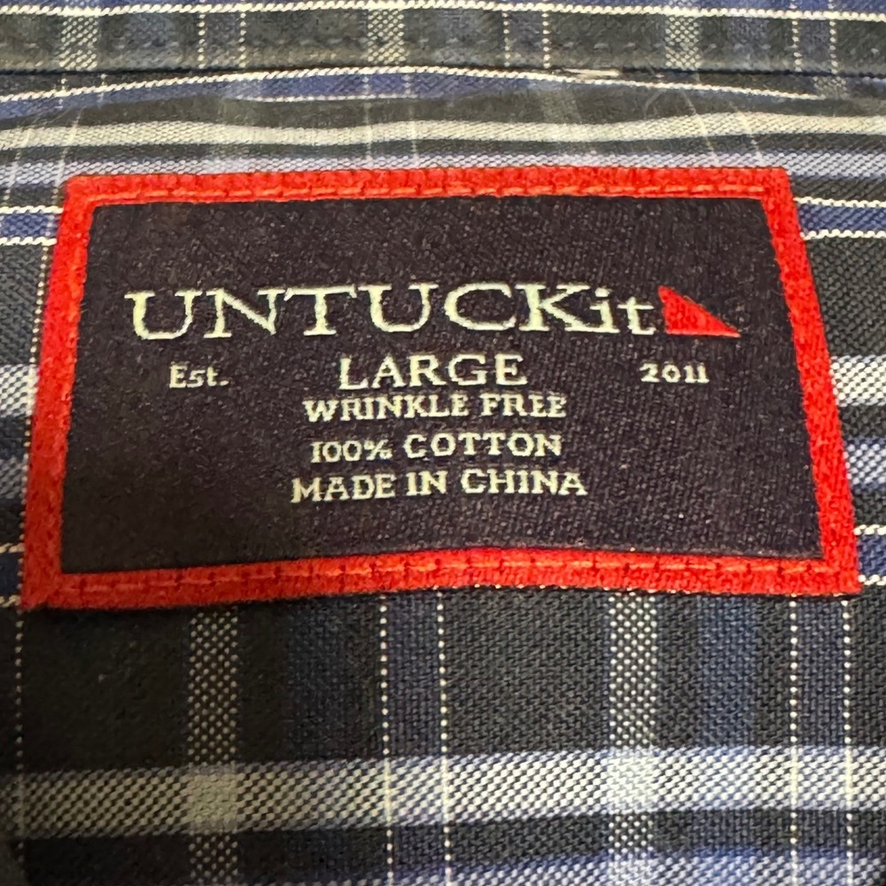 UNTUCKit Mens Large Navy Blue Plaid Wrinkle Free 100% Cotton Button Down Shirt - Picture 3 of 7